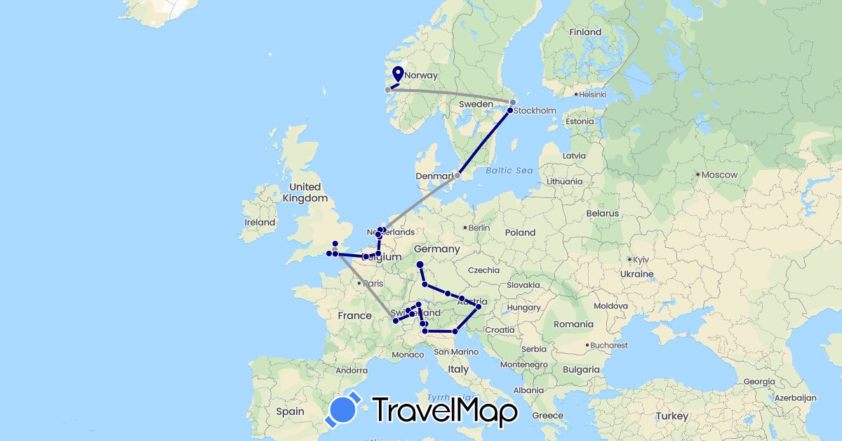 TravelMap itinerary: driving, plane, cycling in Austria, Belgium, Switzerland, Germany, Denmark, France, United Kingdom, Italy, Netherlands, Norway, Sweden (Europe)